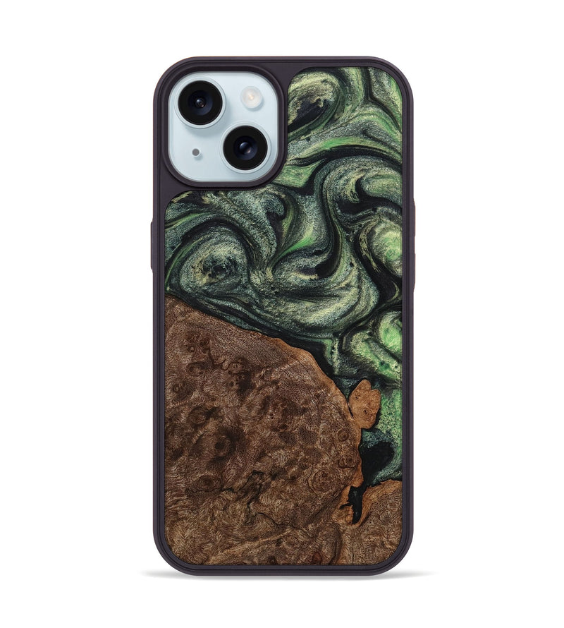 iPhone 15 Wood+Resin Phone Case - Felicia (Green, 721807)