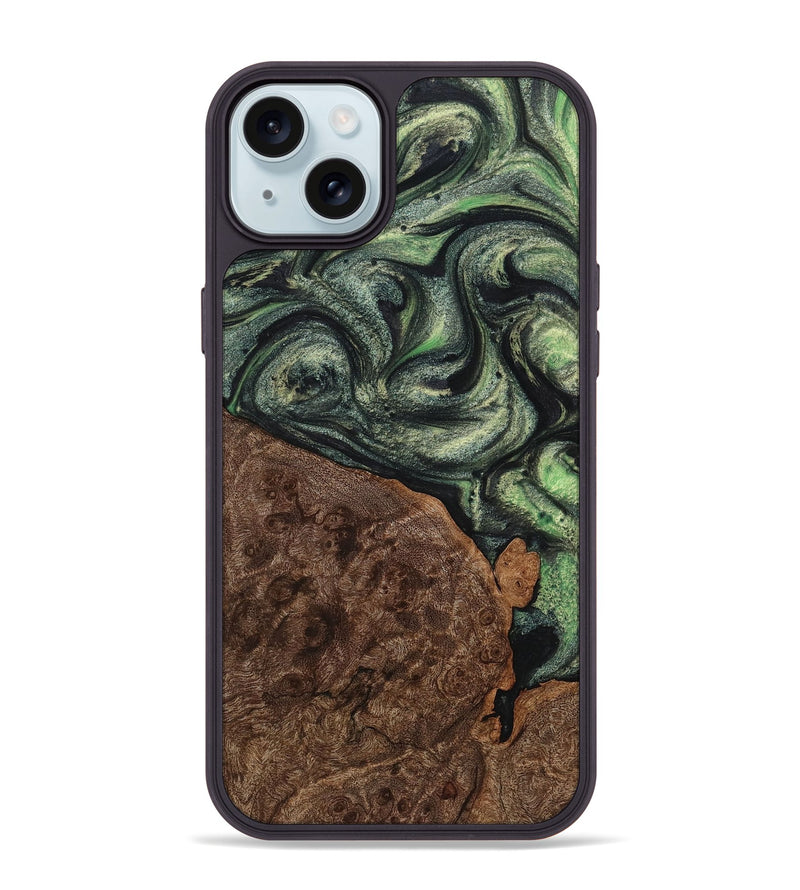 iPhone 15 Plus Wood+Resin Phone Case - Felicia (Green, 721807)