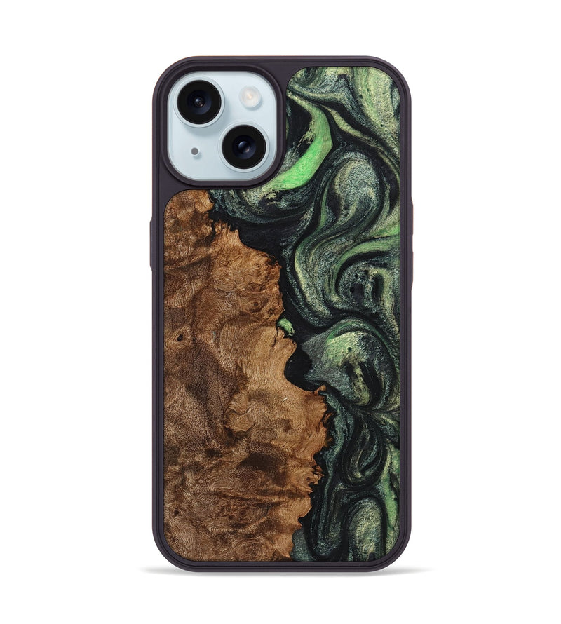 iPhone 15 Wood+Resin Phone Case - Iris (Green, 721809)