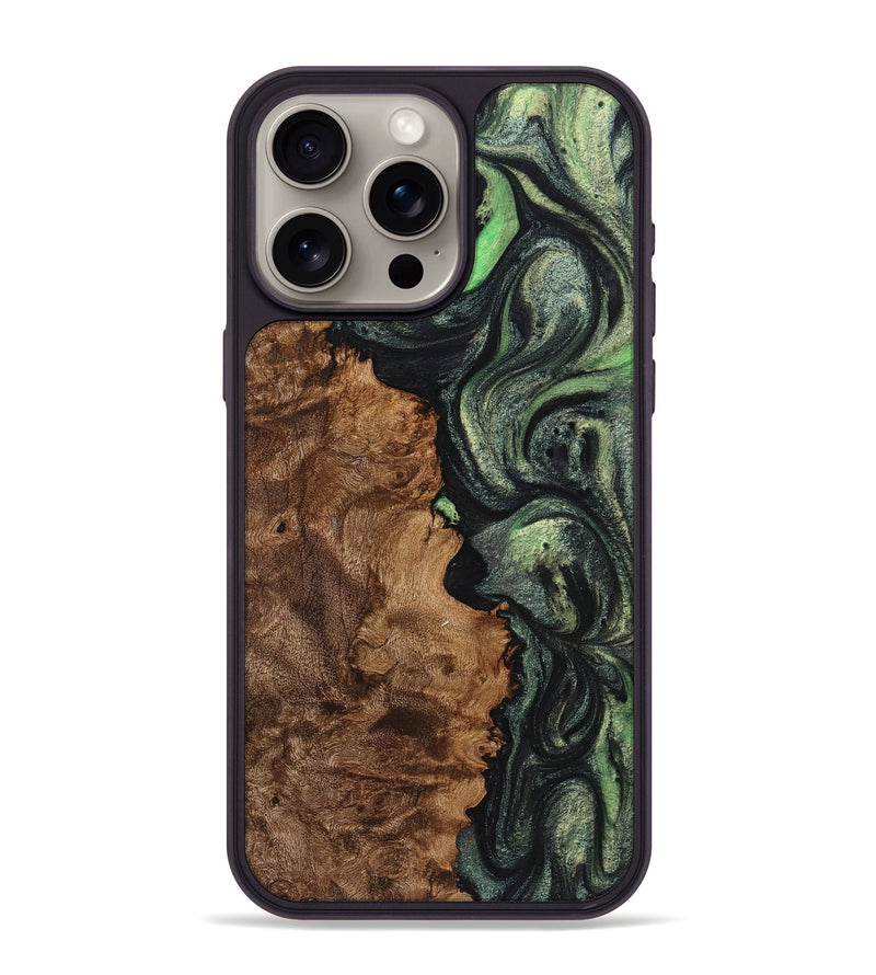 iPhone 15 Pro Max Wood+Resin Phone Case - Iris (Green, 721809)