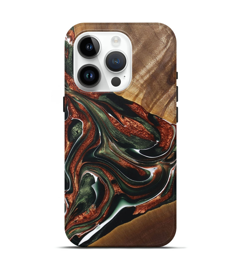 iPhone 15 Pro Wood+Resin Live Edge Phone Case - Latonya (Teal & Gold, 722012)