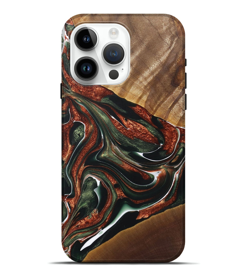 iPhone 15 Pro Max Wood+Resin Live Edge Phone Case - Latonya (Teal & Gold, 722012)