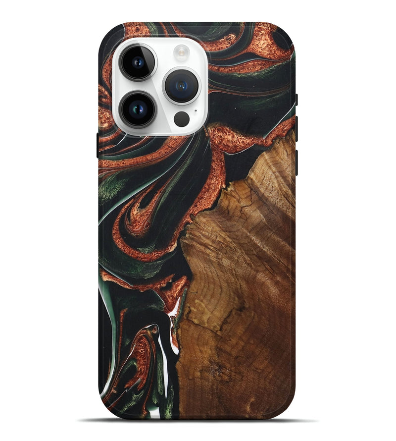 iPhone 15 Pro Max Wood+Resin Live Edge Phone Case - Joshua (Teal & Gold, 722013)