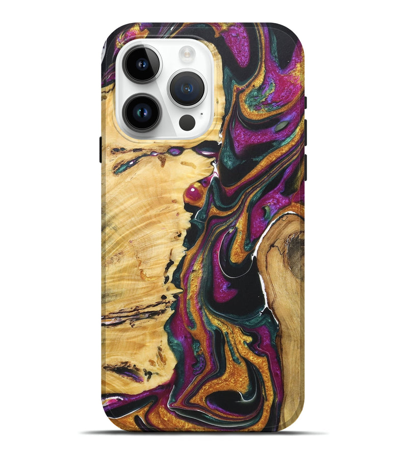 iPhone 15 Pro Max Wood+Resin Live Edge Phone Case - Laurence (Teal & Gold, 722014)