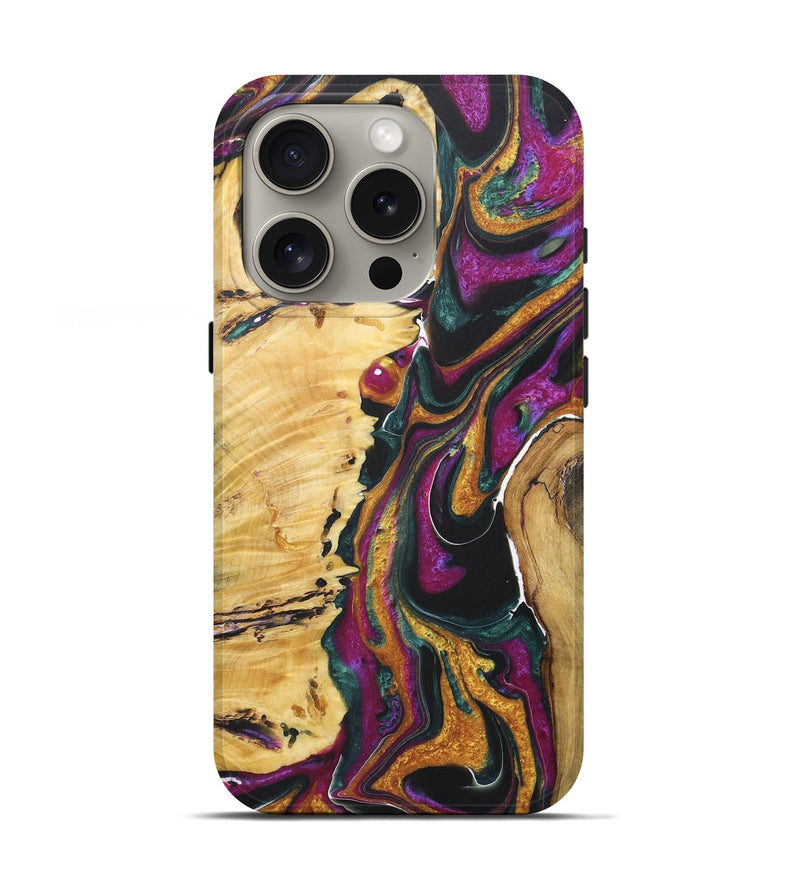 iPhone 16 Pro Wood+Resin Live Edge Phone Case - Laurence (Teal & Gold, 722014)