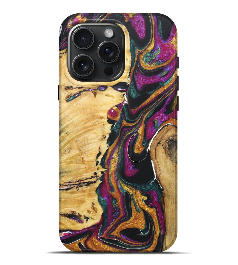 iPhone 16 Pro Max Wood+Resin Live Edge Phone Case - Laurence (Teal & Gold, 722014)