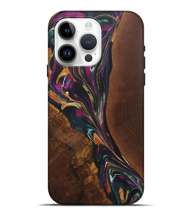 iPhone 15 Pro Max Wood+Resin Live Edge Phone Case - Perla (Teal & Gold, 722016)