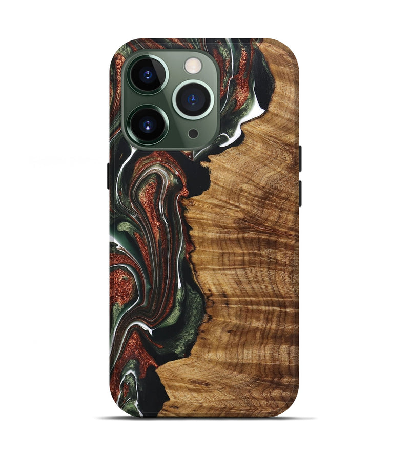 iPhone 13 Pro Wood+Resin Live Edge Phone Case - Angeline (Teal & Gold, 722017)