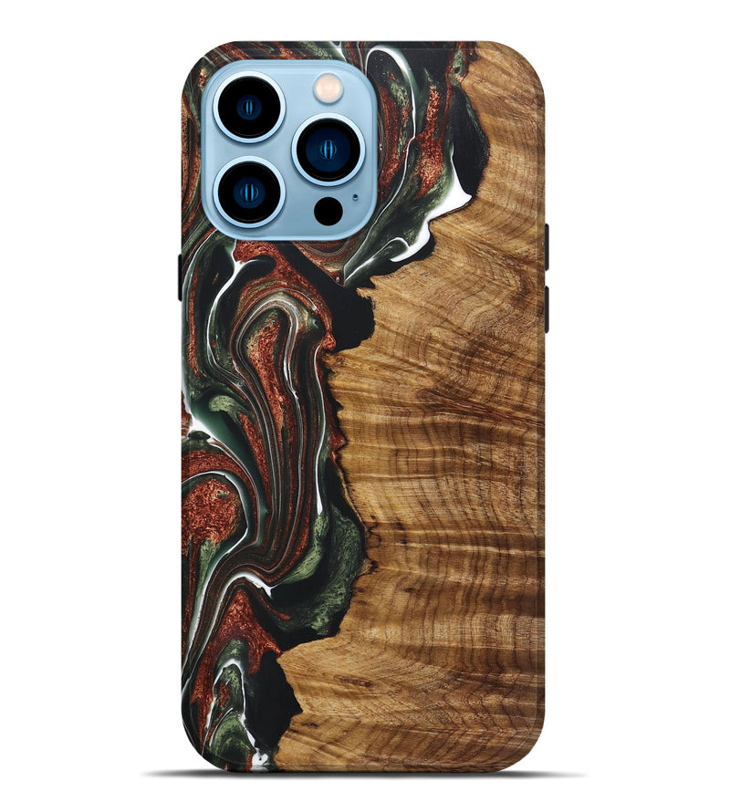 iPhone 14 Pro Max Wood+Resin Live Edge Phone Case - Angeline (Teal & Gold, 722017)