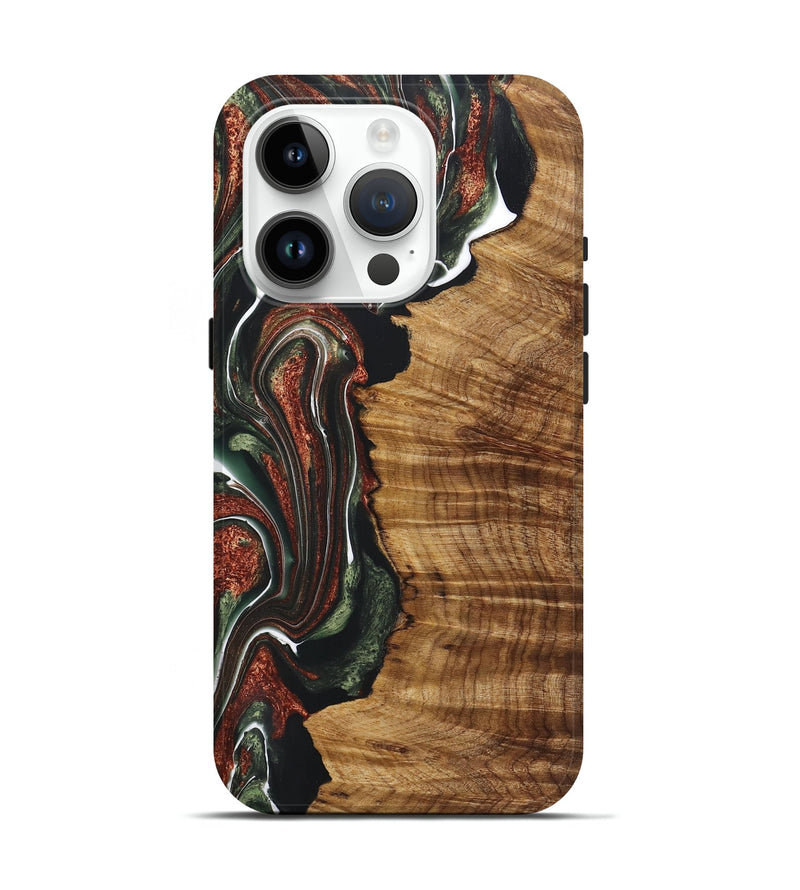 iPhone 15 Pro Wood+Resin Live Edge Phone Case - Angeline (Teal & Gold, 722017)