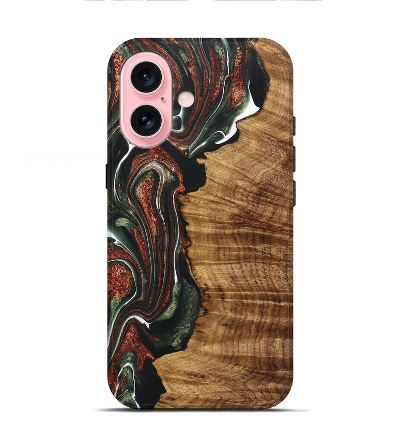 iPhone 16 Wood+Resin Live Edge Phone Case - Angeline (Teal & Gold, 722017)