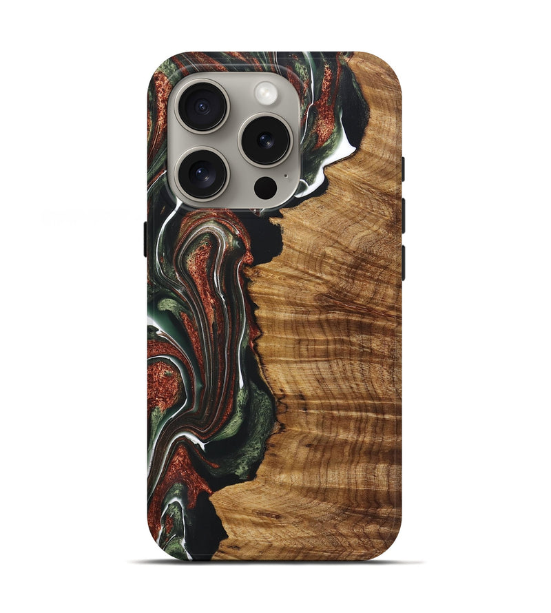 iPhone 16 Pro Wood+Resin Live Edge Phone Case - Angeline (Teal & Gold, 722017)