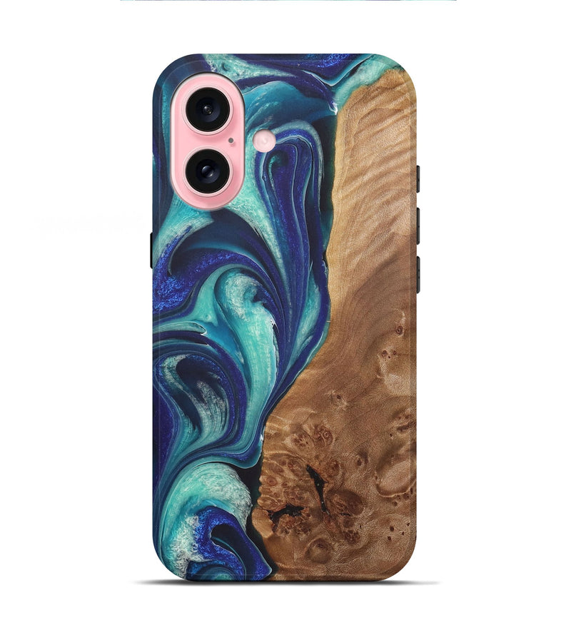 iPhone 16 Wood+Resin Live Edge Phone Case - Maria (Blue, 722022)