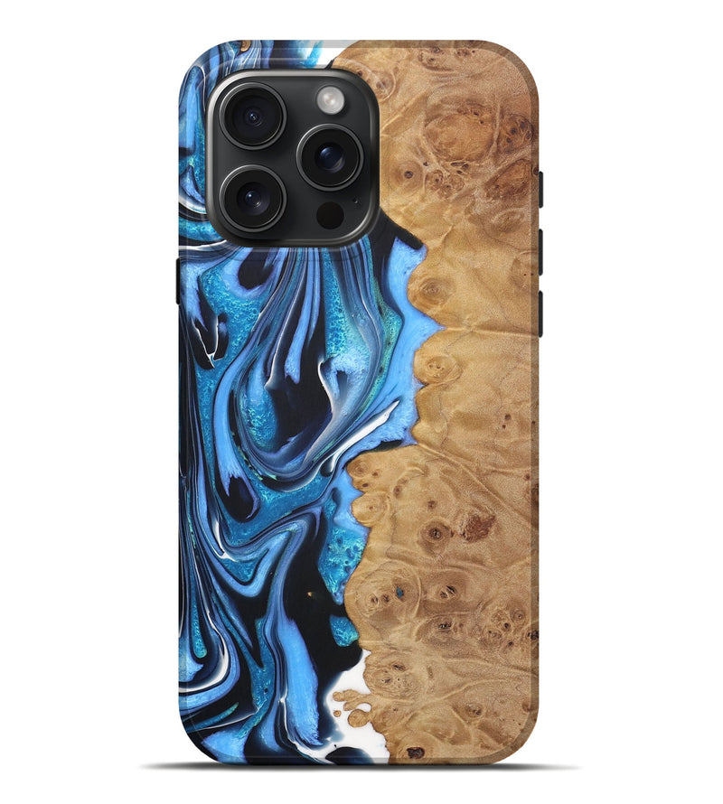 iPhone 16 Pro Max Wood+Resin Live Edge Phone Case - Charity (Blue, 722024)