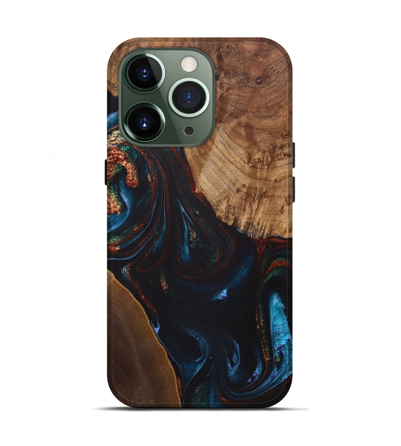 iPhone 13 Pro Wood+Resin Live Edge Phone Case - Henry (Teal & Gold, 722028)