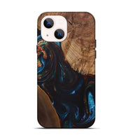 iPhone 14 Wood+Resin Live Edge Phone Case - Henry (Teal & Gold, 722028)