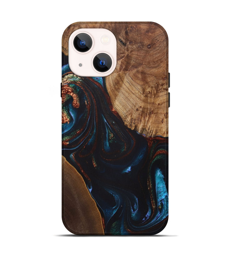 iPhone 14 Wood+Resin Live Edge Phone Case - Henry (Teal & Gold, 722028)