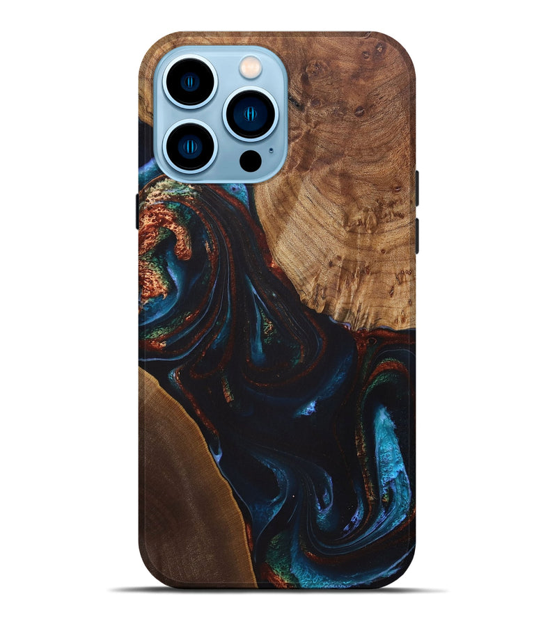 iPhone 14 Pro Max Wood+Resin Live Edge Phone Case - Henry (Teal & Gold, 722028)