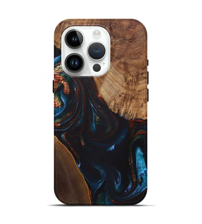 iPhone 15 Pro Wood+Resin Live Edge Phone Case - Henry (Teal & Gold, 722028)