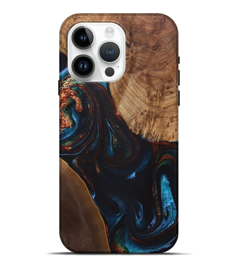 iPhone 15 Pro Max Wood+Resin Live Edge Phone Case - Henry (Teal & Gold, 722028)