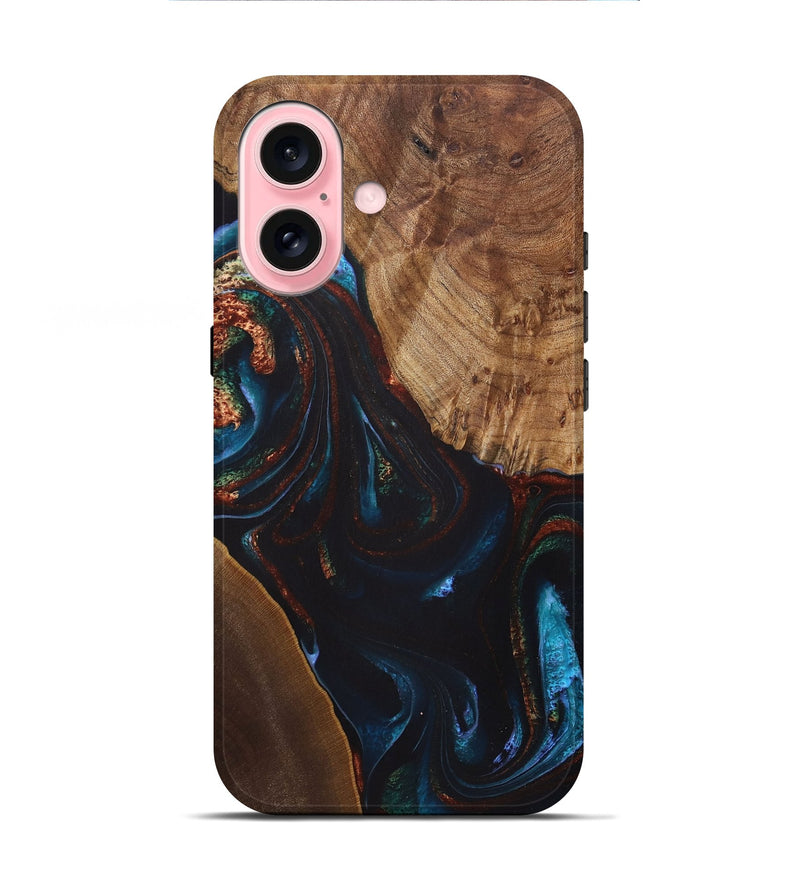 iPhone 16 Wood+Resin Live Edge Phone Case - Henry (Teal & Gold, 722028)