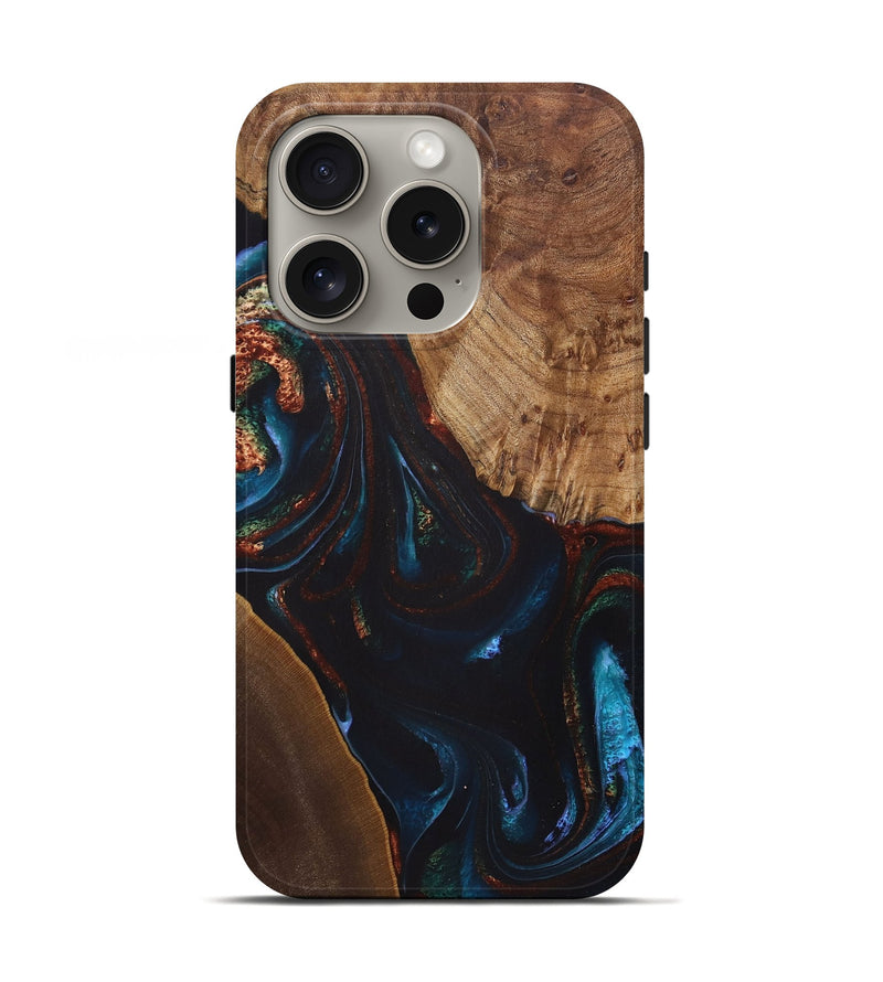 iPhone 16 Pro Wood+Resin Live Edge Phone Case - Henry (Teal & Gold, 722028)