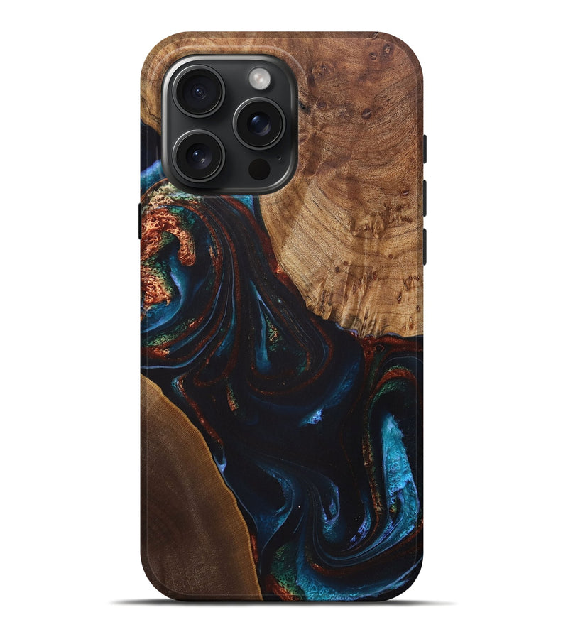 iPhone 16 Pro Max Wood+Resin Live Edge Phone Case - Henry (Teal & Gold, 722028)