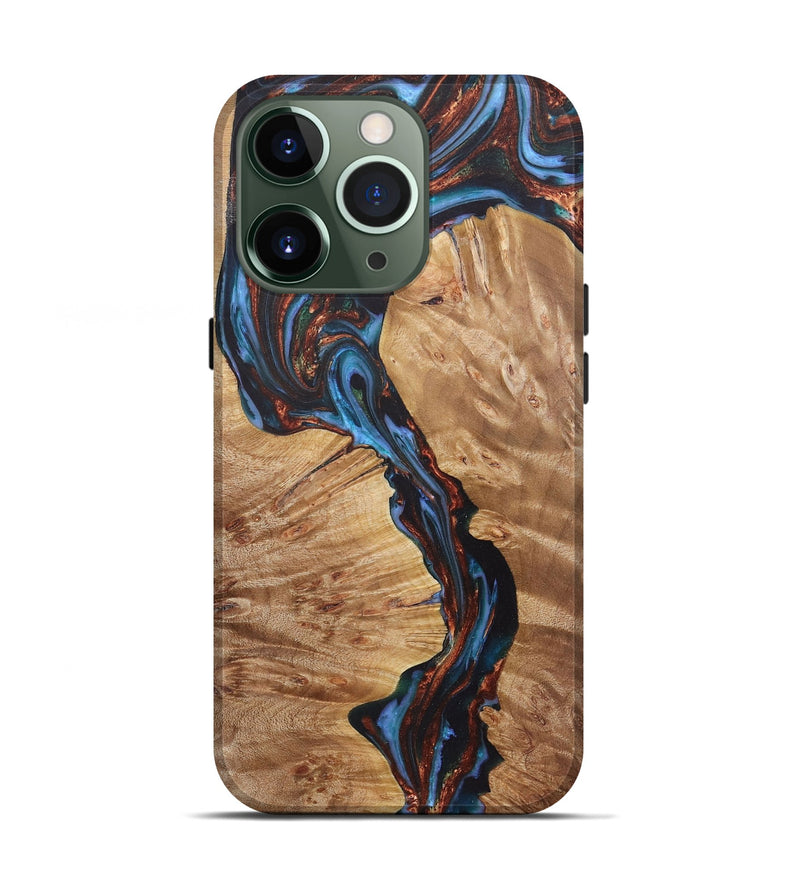 iPhone 13 Pro Wood+Resin Live Edge Phone Case - Stuart (Teal & Gold, 722029)