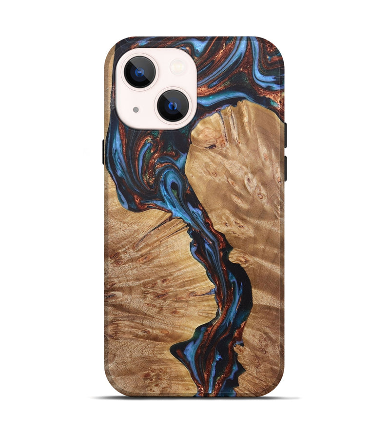 iPhone 14 Wood+Resin Live Edge Phone Case - Stuart (Teal & Gold, 722029)