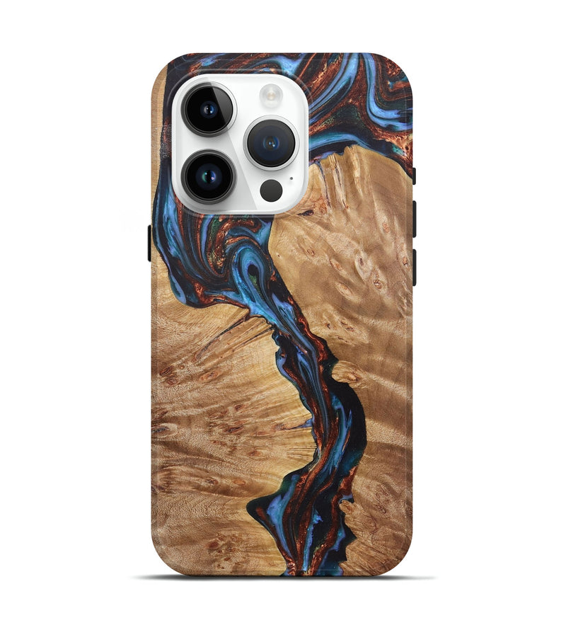 iPhone 15 Pro Wood+Resin Live Edge Phone Case - Stuart (Teal & Gold, 722029)