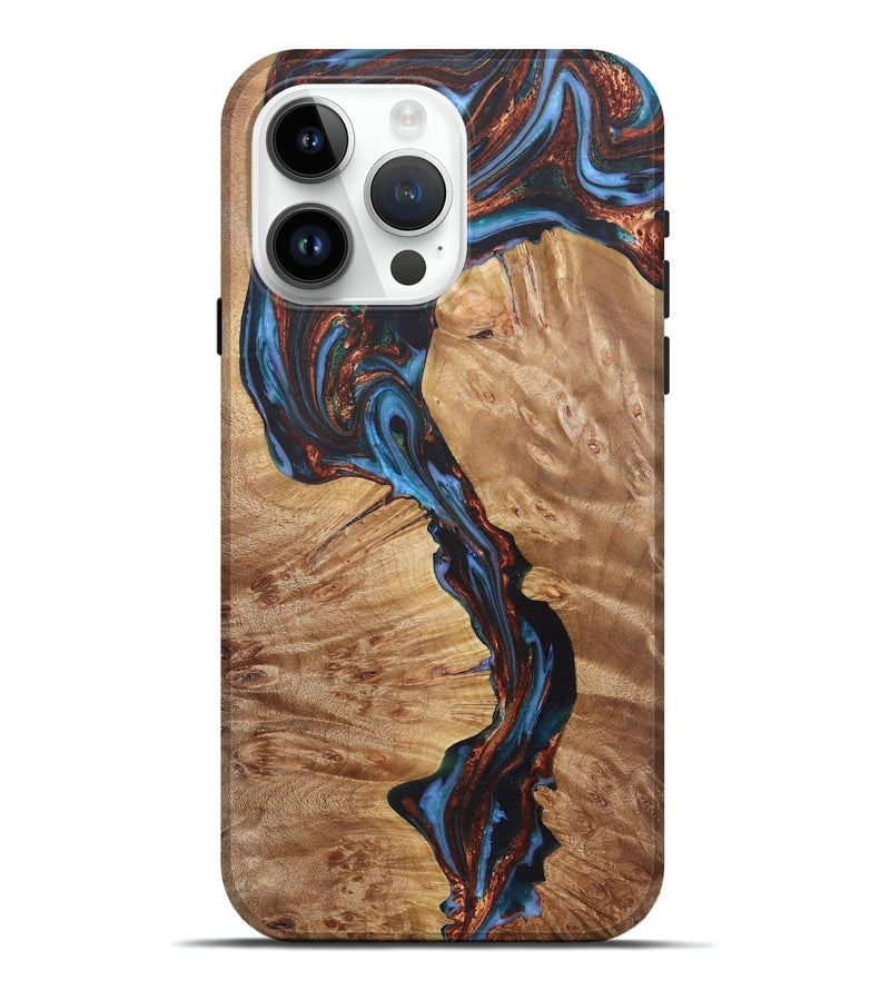 iPhone 15 Pro Max Wood+Resin Live Edge Phone Case - Stuart (Teal & Gold, 722029)