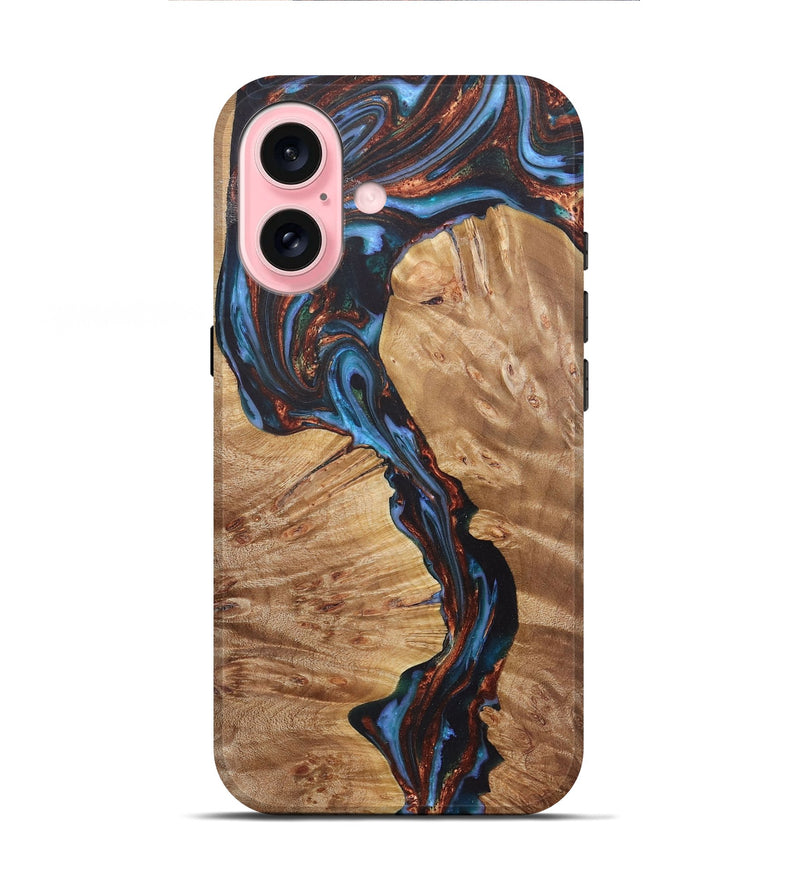 iPhone 16 Wood+Resin Live Edge Phone Case - Stuart (Teal & Gold, 722029)