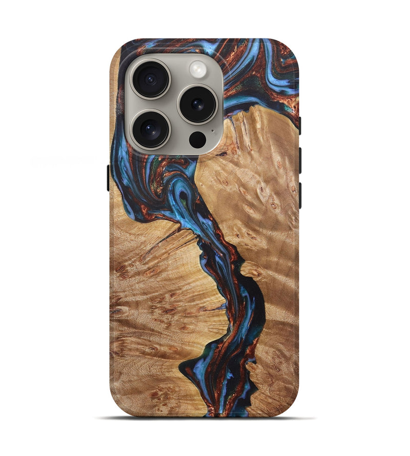 iPhone 16 Pro Wood+Resin Live Edge Phone Case - Stuart (Teal & Gold, 722029)