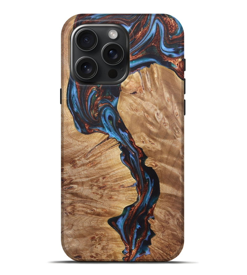 iPhone 16 Pro Max Wood+Resin Live Edge Phone Case - Stuart (Teal & Gold, 722029)