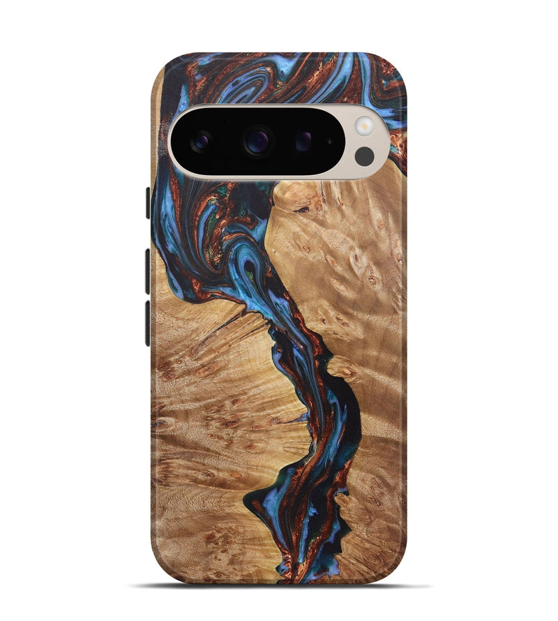 Pixel 9 Pro Wood+Resin Live Edge Phone Case - Stuart (Teal & Gold, 722029)