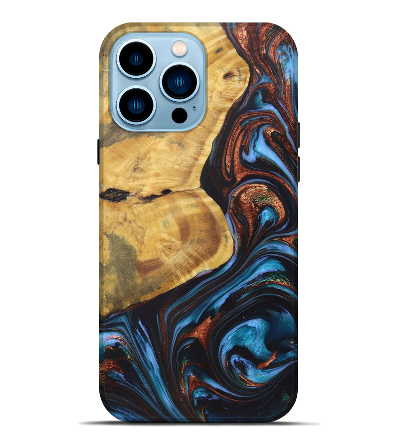 iPhone 14 Pro Max Wood+Resin Live Edge Phone Case - Ryker (Teal & Gold, 722030)