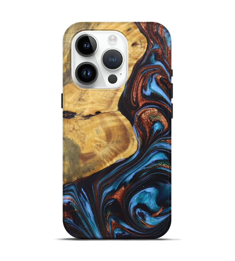 iPhone 15 Pro Wood+Resin Live Edge Phone Case - Ryker (Teal & Gold, 722030)