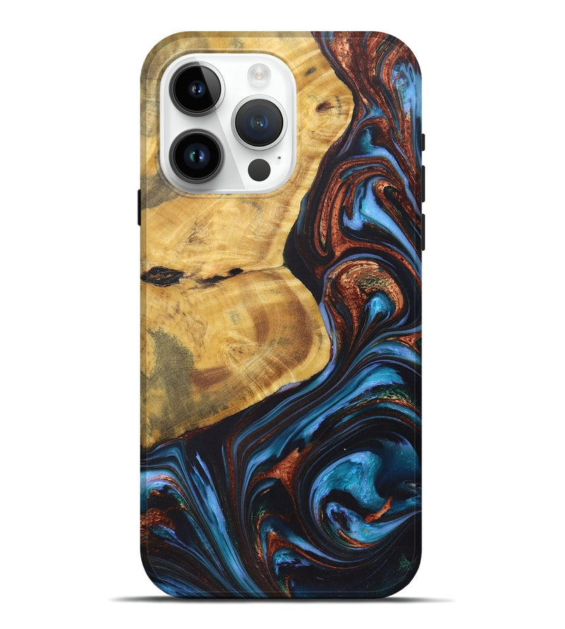 iPhone 15 Pro Max Wood+Resin Live Edge Phone Case - Ryker (Teal & Gold, 722030)