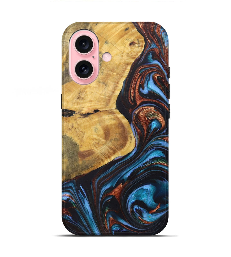 iPhone 16 Wood+Resin Live Edge Phone Case - Ryker (Teal & Gold, 722030)