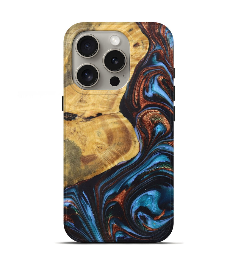 iPhone 16 Pro Wood+Resin Live Edge Phone Case - Ryker (Teal & Gold, 722030)