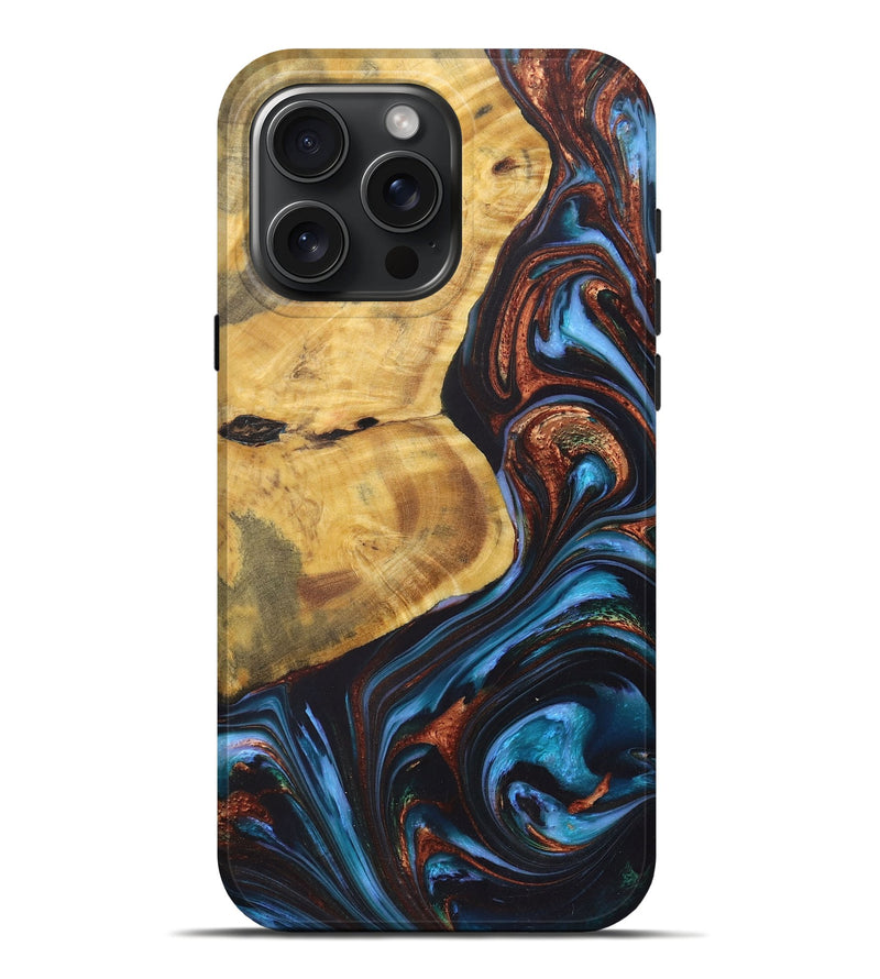 iPhone 16 Pro Max Wood+Resin Live Edge Phone Case - Ryker (Teal & Gold, 722030)