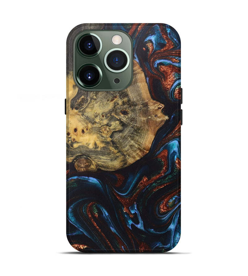 iPhone 13 Pro Wood+Resin Live Edge Phone Case - Wilbur (Teal & Gold, 722031)