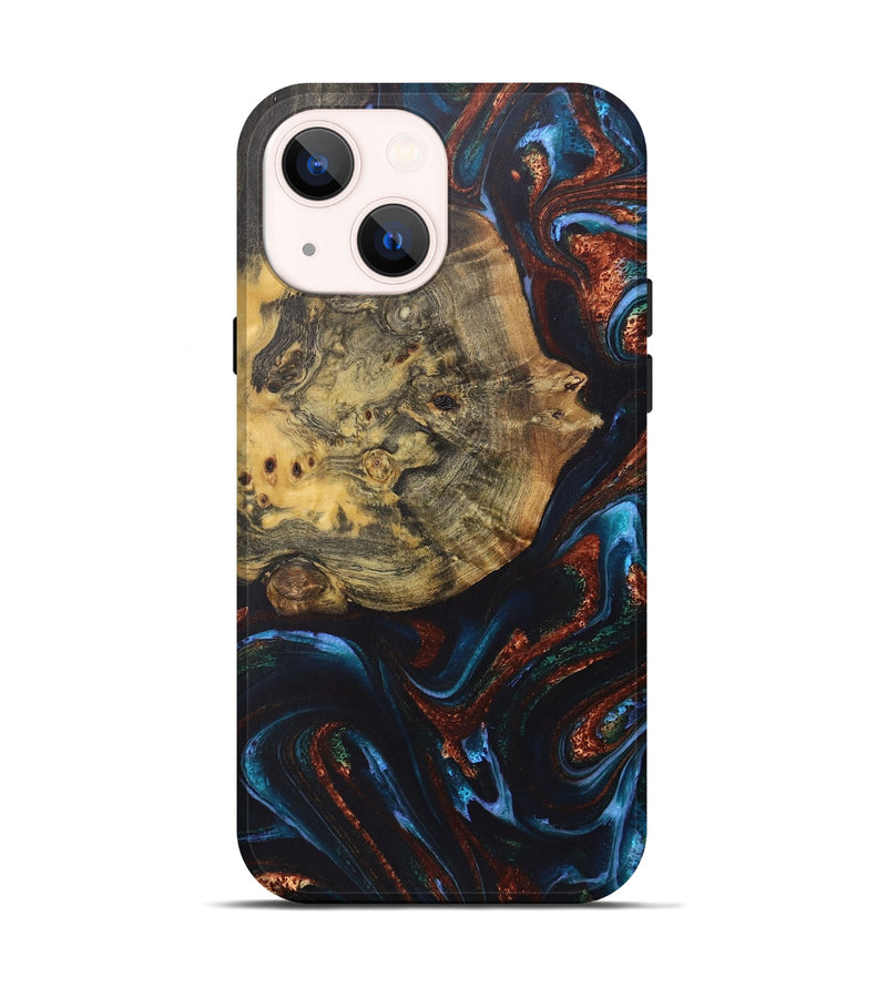 iPhone 14 Wood+Resin Live Edge Phone Case - Wilbur (Teal & Gold, 722031)