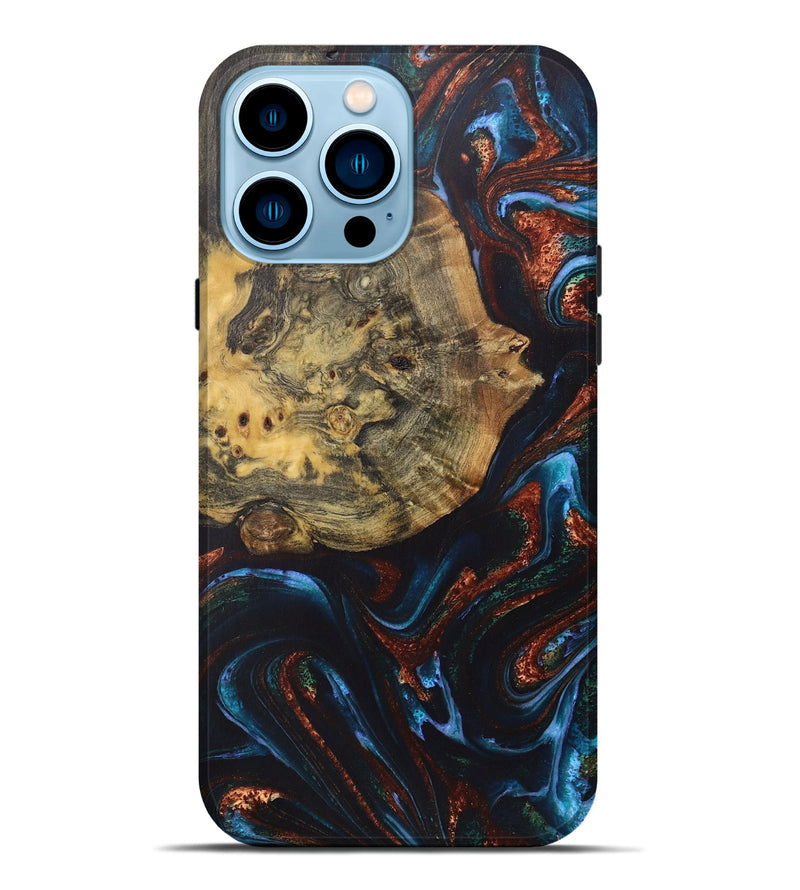 iPhone 14 Pro Max Wood+Resin Live Edge Phone Case - Wilbur (Teal & Gold, 722031)