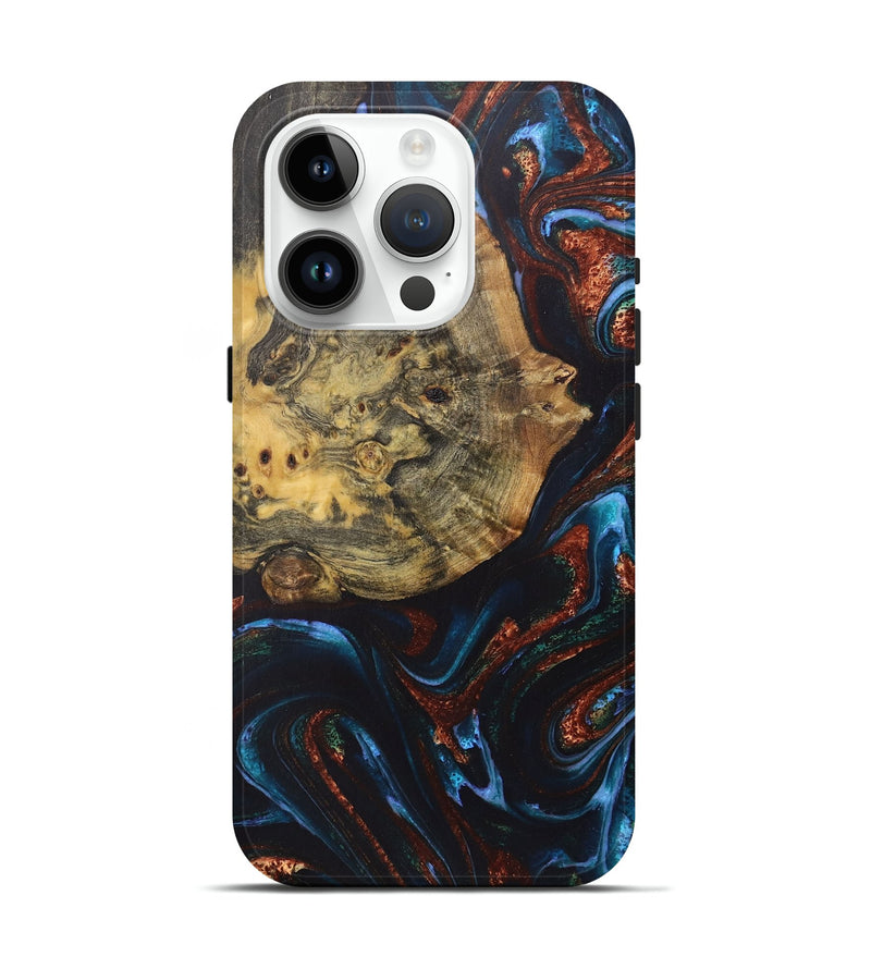 iPhone 15 Pro Wood+Resin Live Edge Phone Case - Wilbur (Teal & Gold, 722031)