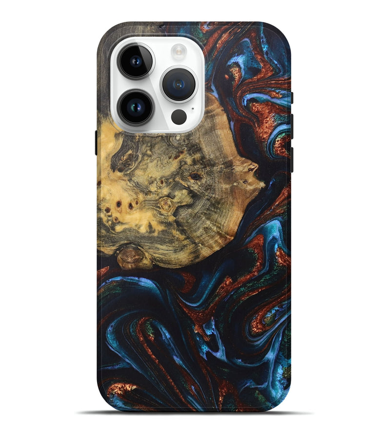 iPhone 15 Pro Max Wood+Resin Live Edge Phone Case - Wilbur (Teal & Gold, 722031)