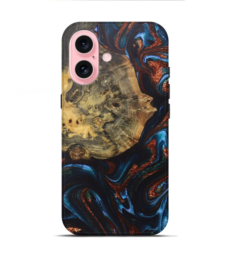 iPhone 16 Wood+Resin Live Edge Phone Case - Wilbur (Teal & Gold, 722031)