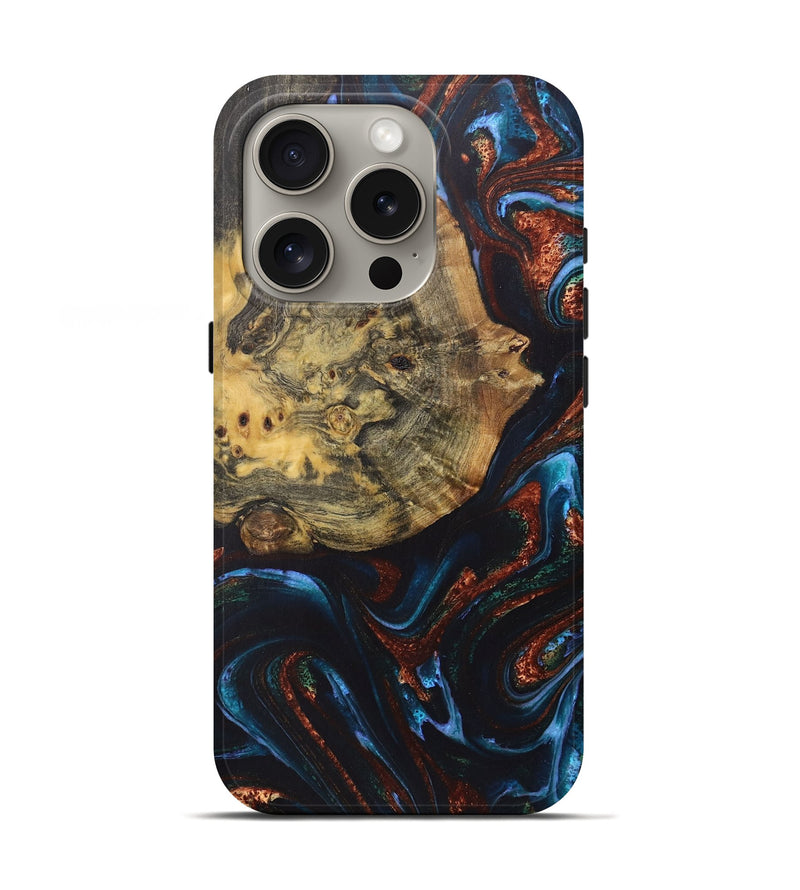 iPhone 16 Pro Wood+Resin Live Edge Phone Case - Wilbur (Teal & Gold, 722031)