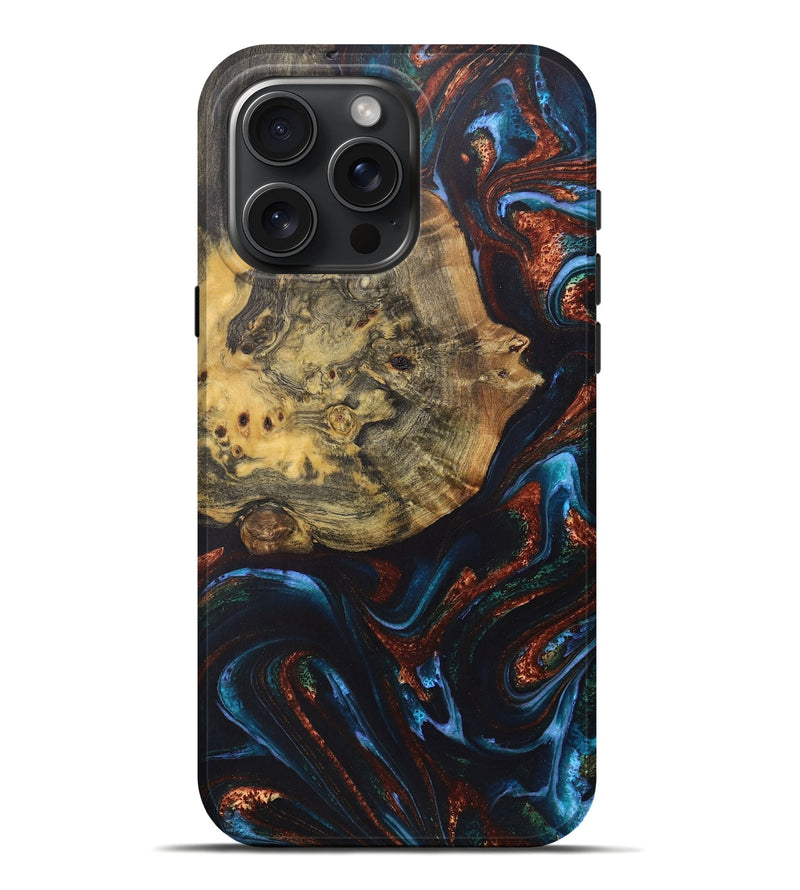 iPhone 16 Pro Max Wood+Resin Live Edge Phone Case - Wilbur (Teal & Gold, 722031)