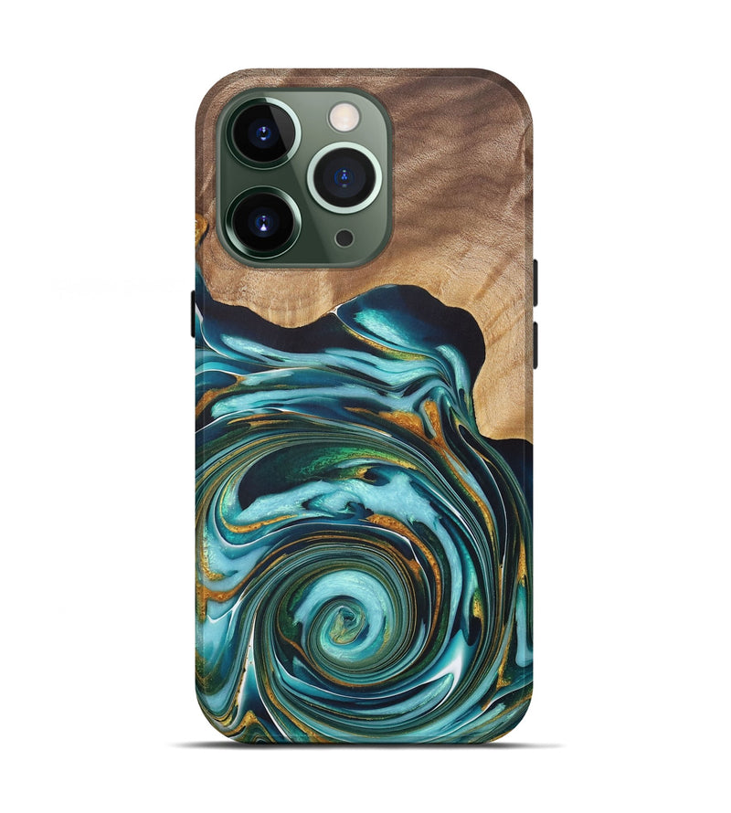 iPhone 13 Pro Wood+Resin Live Edge Phone Case - Samantha (Teal & Gold, 722032)